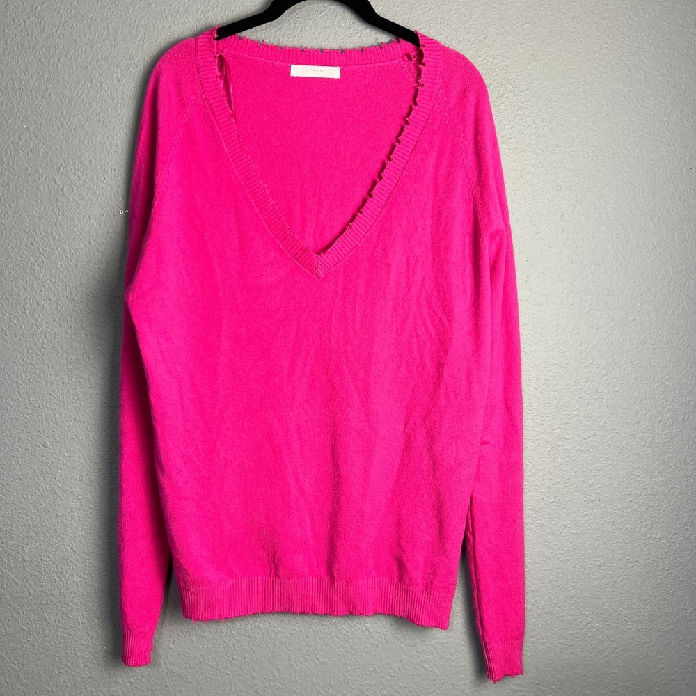 SIX/FIFTY Andrea Hot Pink V-Neck Sweater Frayed Raw Hem Trim Long SL Knit Size L